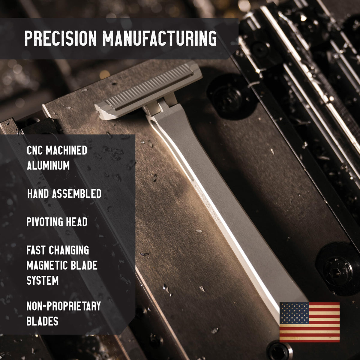 CNC machined aluminum body of the PROOF Select razor highlights durability