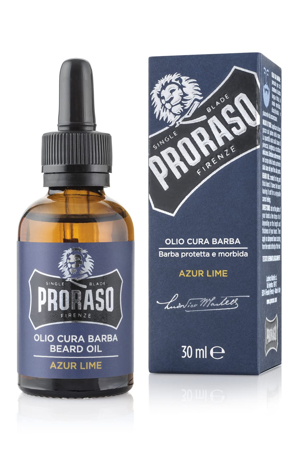 Proraso Azur Lime Beard Oil bottle with dropper for smooth conditioning.