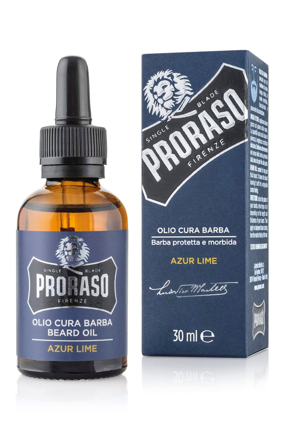 Proraso Azur Lime Beard Oil bottle with dropper for smooth conditioning.
