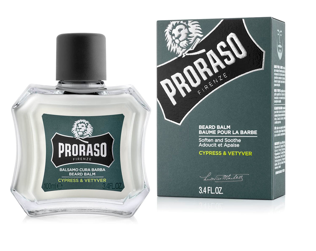 Proraso beard balm jar showcasing bergamot-cypress-vetiver scent for softness