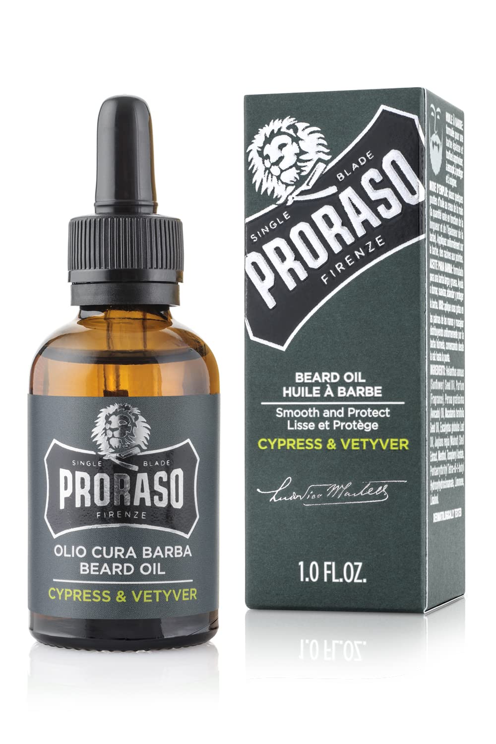 Proraso Cypress Vetiver beard oil bottle for deep conditioning and fresh scent.