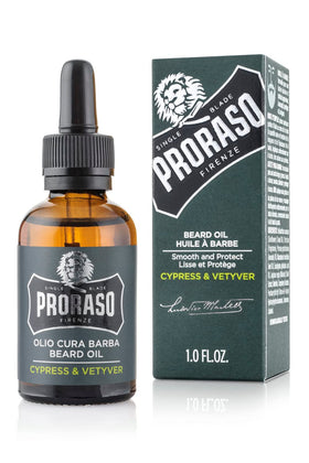 Proraso Cypress Vetiver beard oil bottle for deep conditioning and fresh scent.