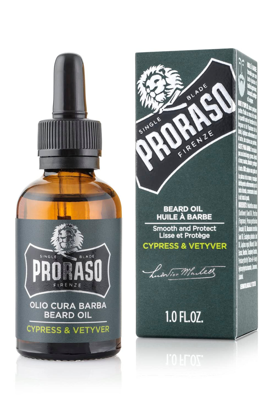 Proraso Cypress Vetiver beard oil bottle for deep conditioning and fresh scent.
