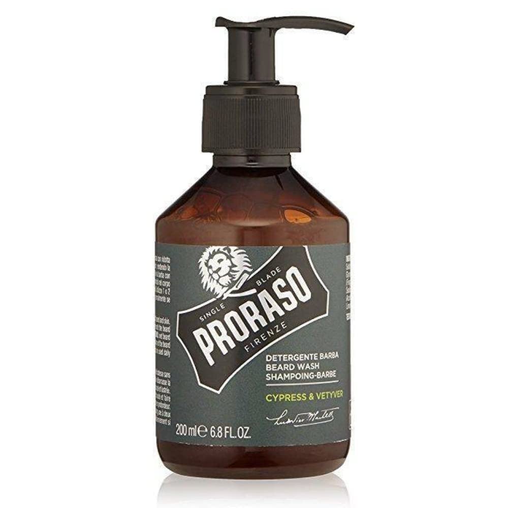 Proraso Cypress Vetiver beard wash bottle shows masculine scent and daily cleansing.