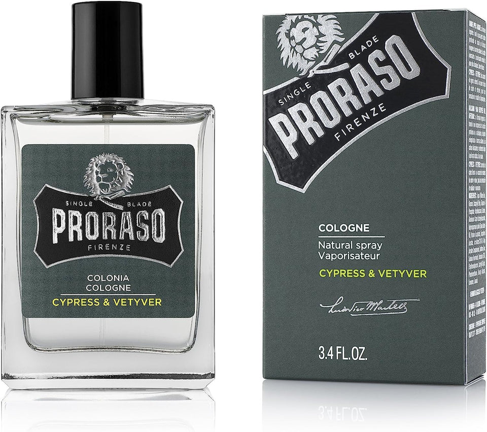 Proraso Cypress & Vetiver cologne bottle for a fresh, long-lasting masculine scent.