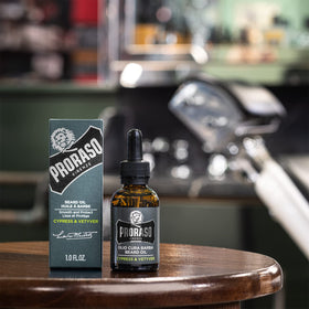 Proraso Cypress Vetiver oil used in daily grooming for a smooth beard.