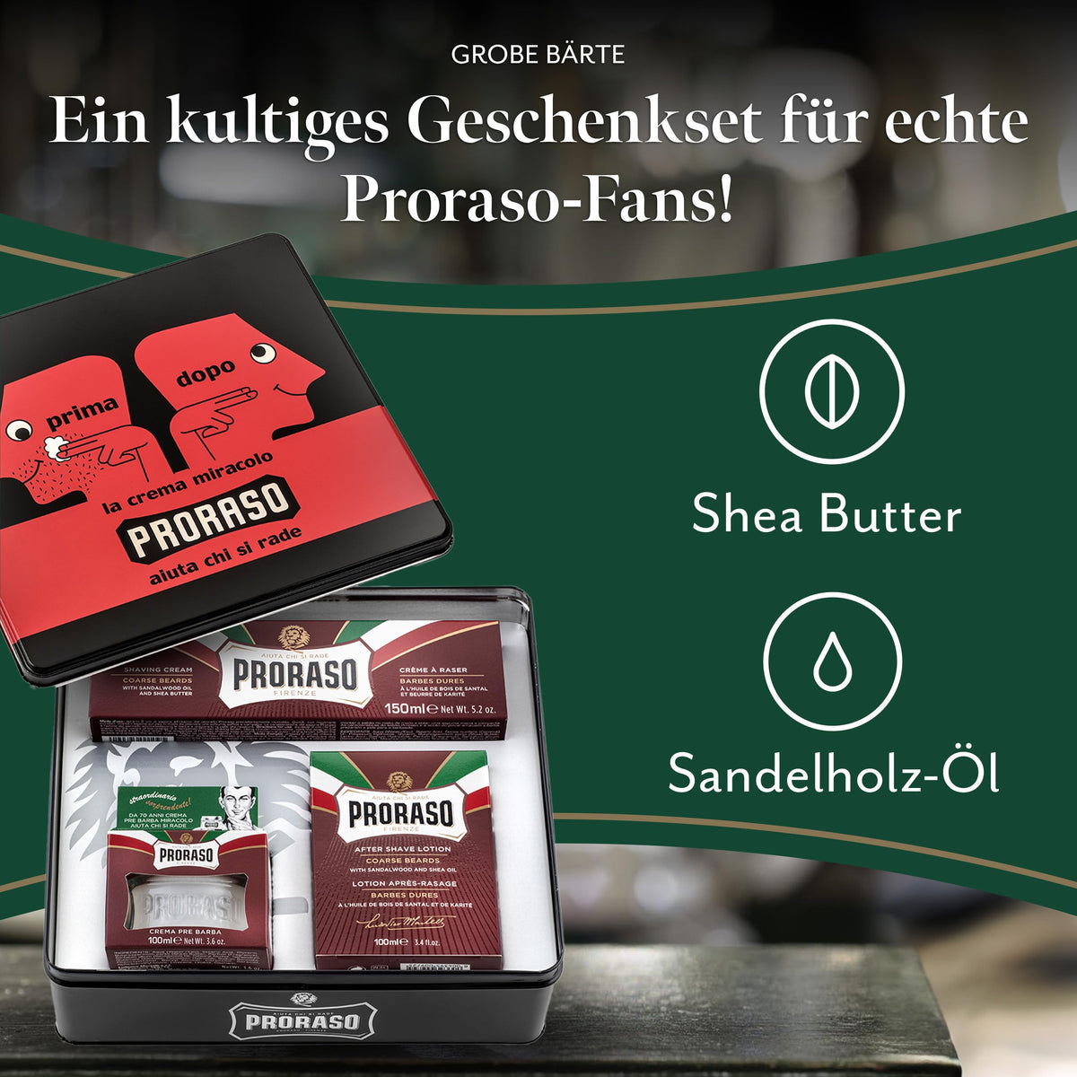 Proraso Vintage Dopo tin with lid closed, premium packaging evident.