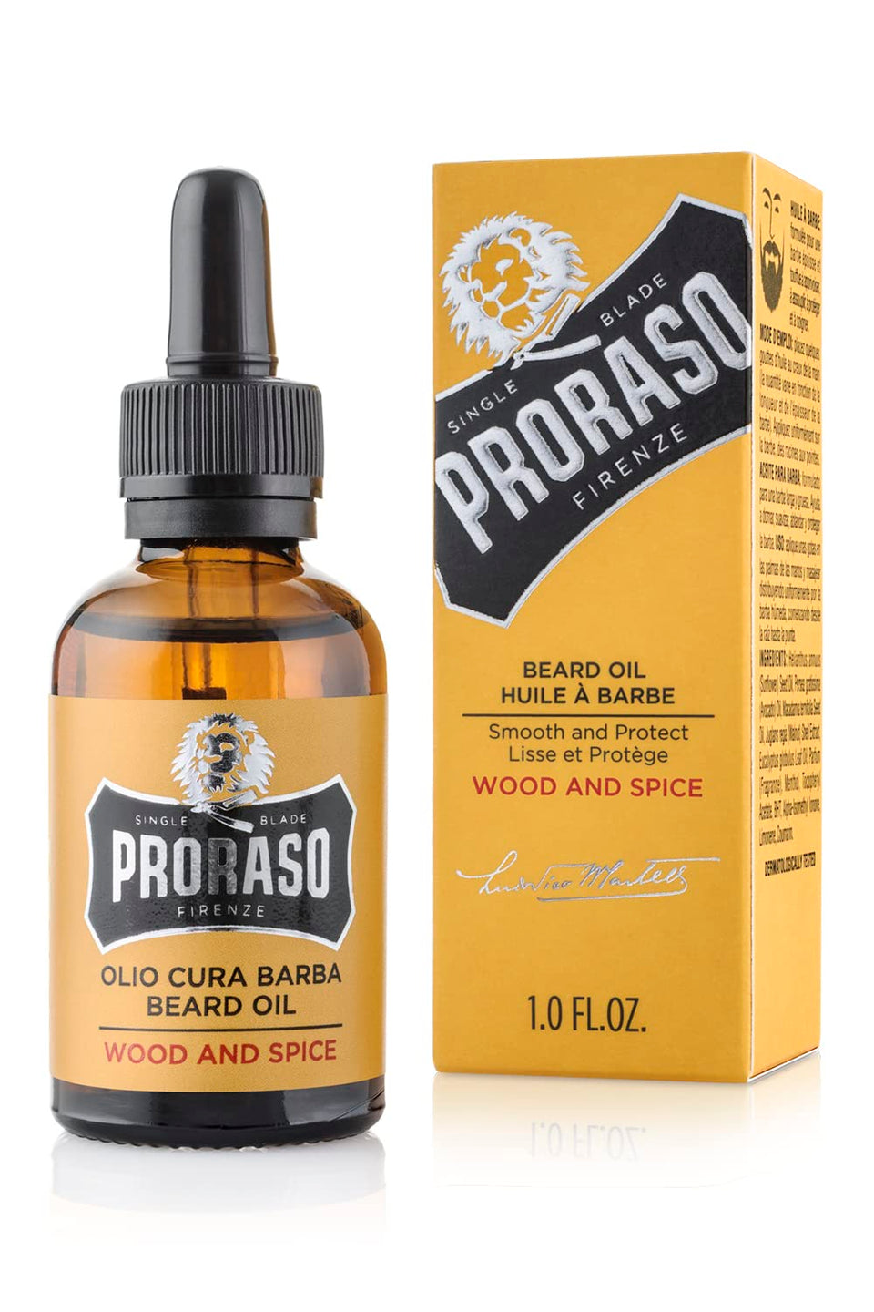 Proraso Wood and Spice beard oil bottle pouring for easy application.