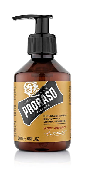 Proraso Wood and Spice beard wash bottle ready for daily cleansing
