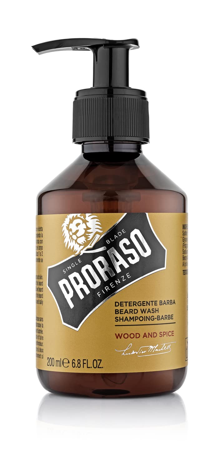 Proraso Wood and Spice beard wash bottle ready for daily cleansing