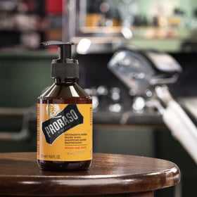 Bathroom shelf with the 6.8oz Proraso bottle ready to groom