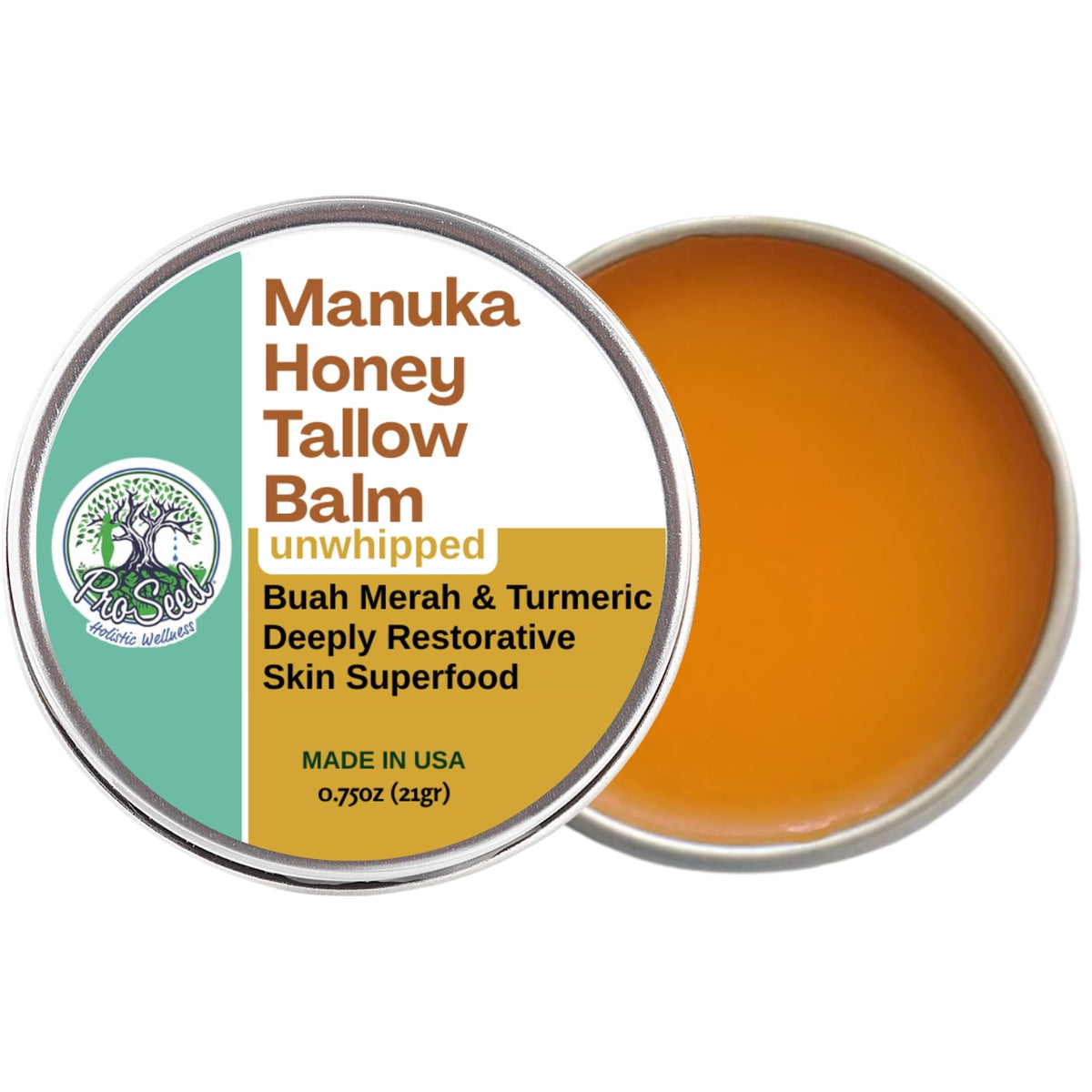 ProSeed Holistic Wellness Manuka Honey Tallow Balm tin close-up showing nourishing texture for dry skin