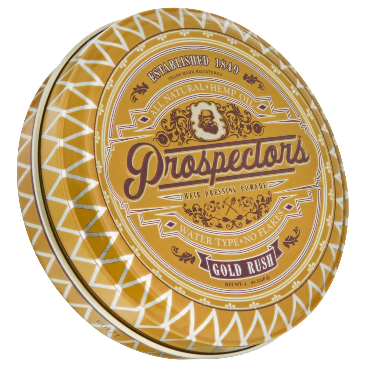 Prospectors Gold Rush Pomade tin, front view, with medium to firm hold and light shine.