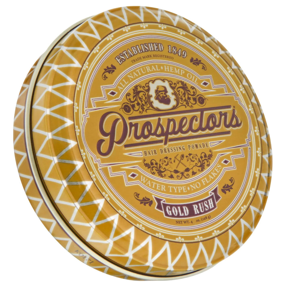 Prospectors Gold Rush Pomade tin, front view, with medium to firm hold and light shine.