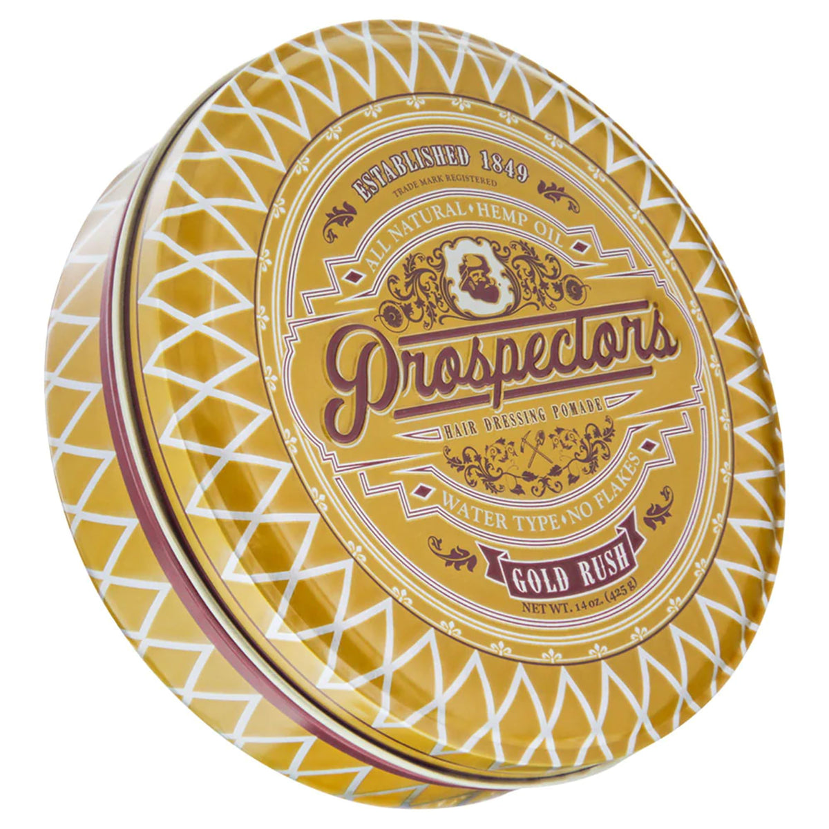 Prospectors Gold Rush pomade tin front view shows medium hold and natural shine for versatile styles.