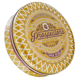 Prospectors Gold Rush pomade tin front view shows medium hold and natural shine for versatile styles.