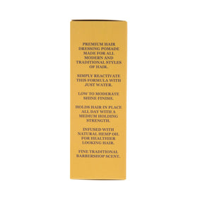 Prospectors Gold Rush pomade tin side view displays easy rinse-out and non-greasy feel after styling.