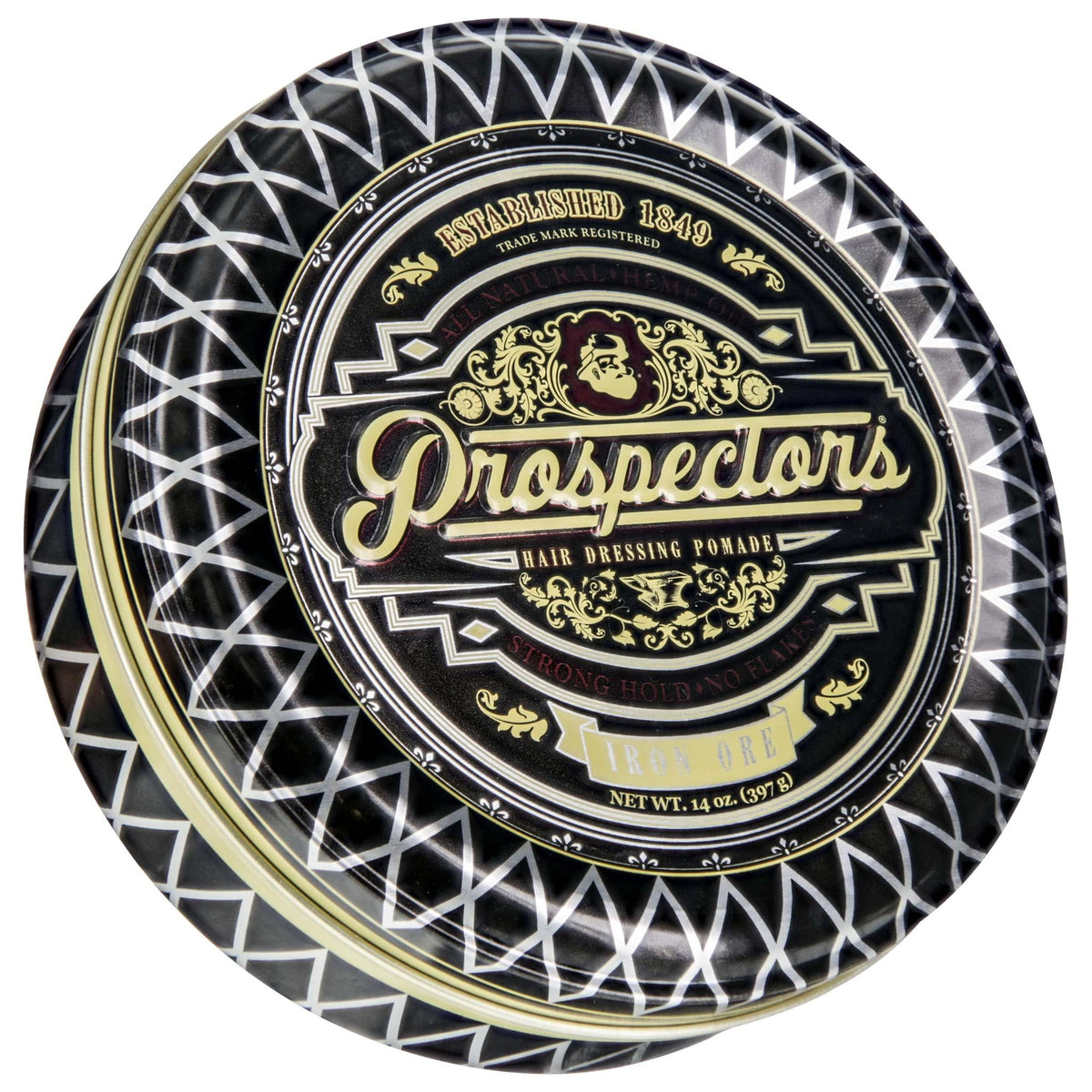 Prospectors Iron Ore Pomade jar front view showing strong hold possibility