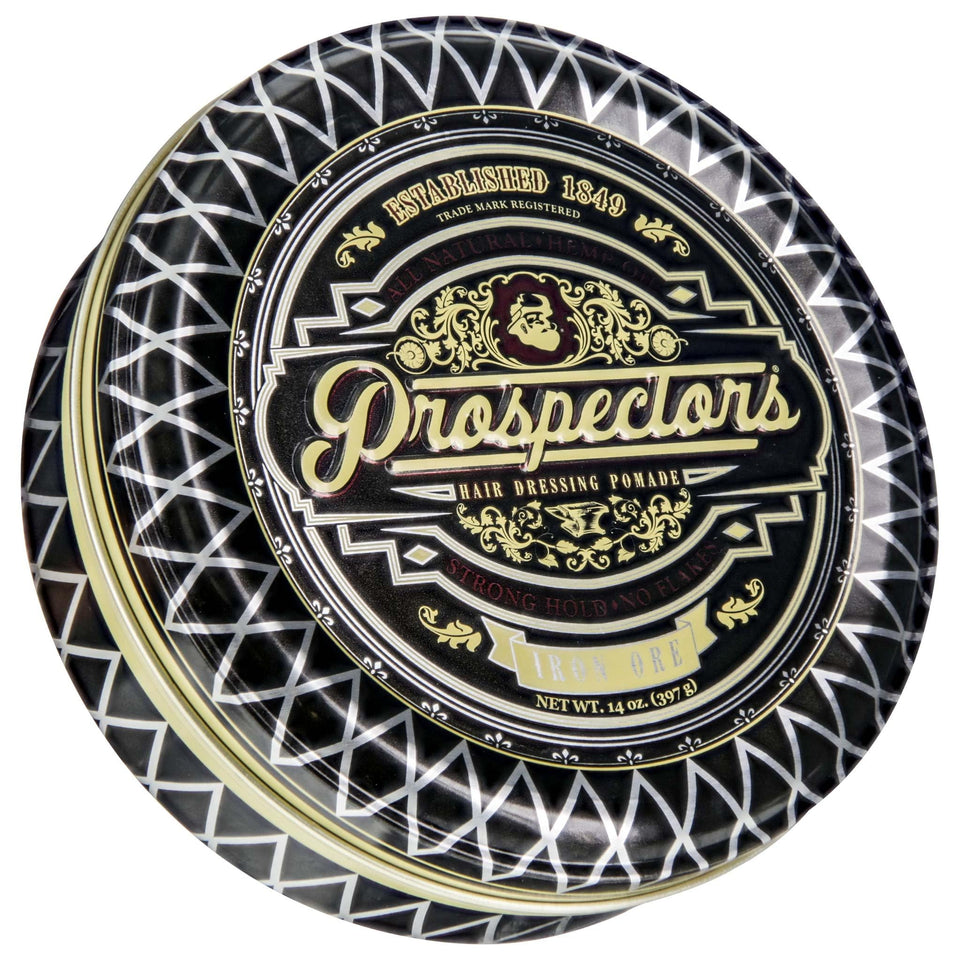 Prospectors Iron Ore Pomade jar front view showing strong hold possibility