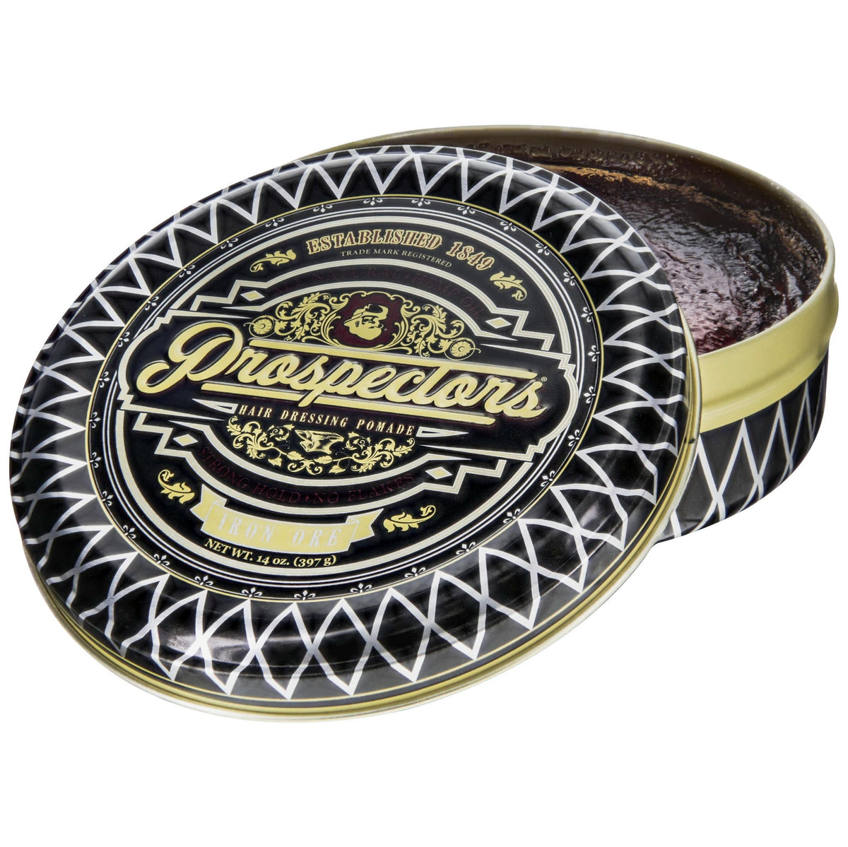 Prospectors Iron Ore Pomade jar side view highlighting compact packaging