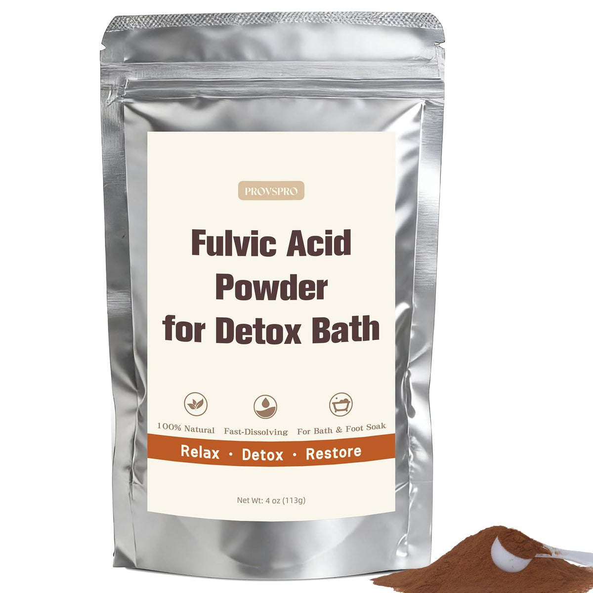Provspro Fulvic Acid Detox Bath Powder 4oz packaging shows a clean, additive-free mineral soak