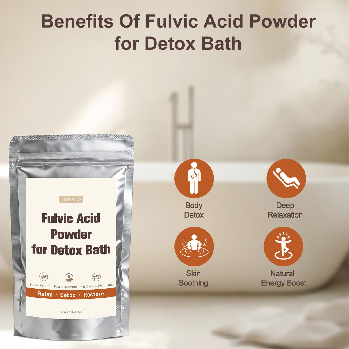 Provspro Fulvic Acid Detox Bath Powder with 5g scoop for easy portioning during a soak