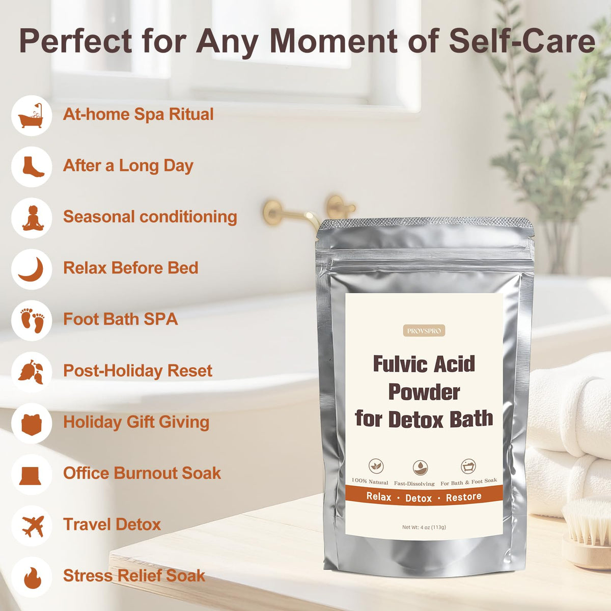 Provspro Fulvic Acid Detox Bath Powder in a relaxing bath scene highlighting a soothing ritual