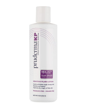 Pruderma KP lotion bottle on a bathroom counter delivering hydrating exfoliation for rough skin.