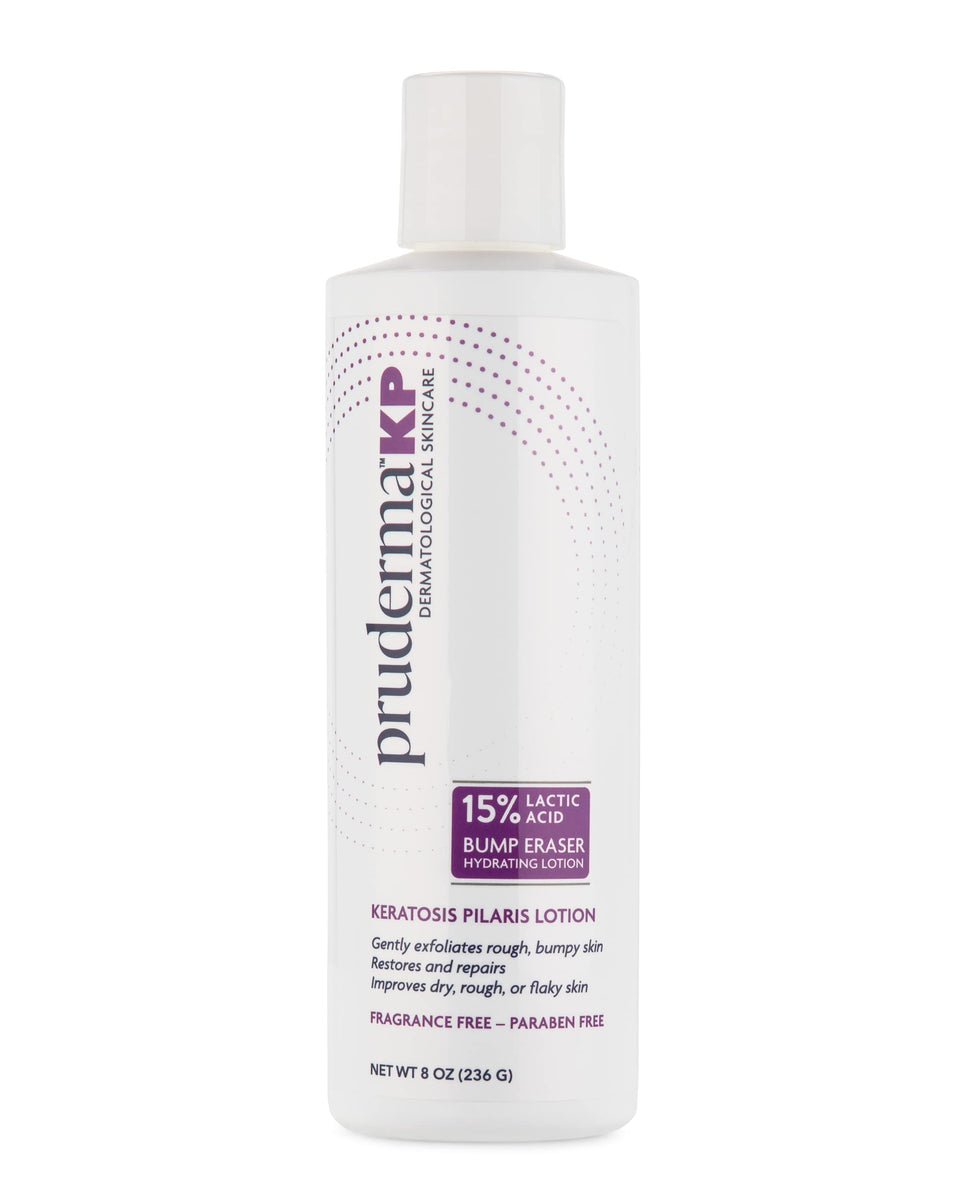Pruderma KP lotion bottle on a bathroom counter delivering hydrating exfoliation for rough skin.