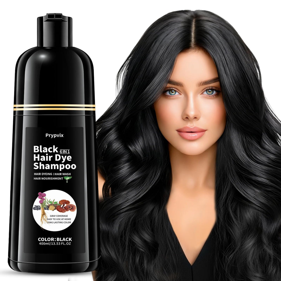 Prypvix Black Hair Dye Shampoo packaging highlights ammonia-free formula for gentle color.