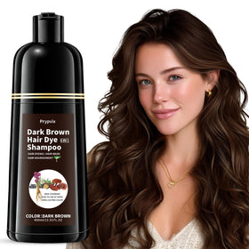 Prypvix Dark Brown Hair Dye Shampoo bottle shows rich gray coverage.