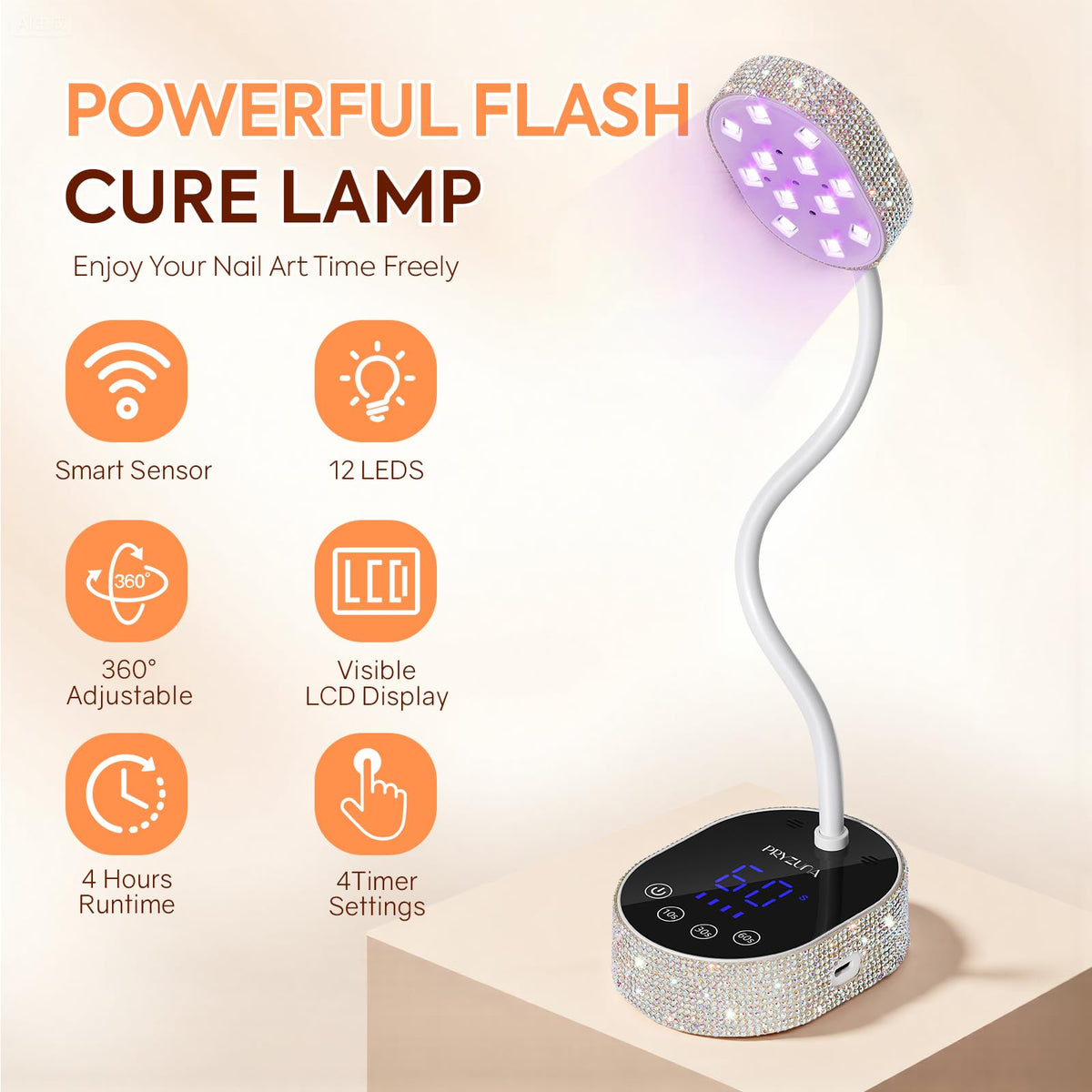 PRYZUNA UV LED Nail Lamp Diamond side view highlights gooseneck flexibility
