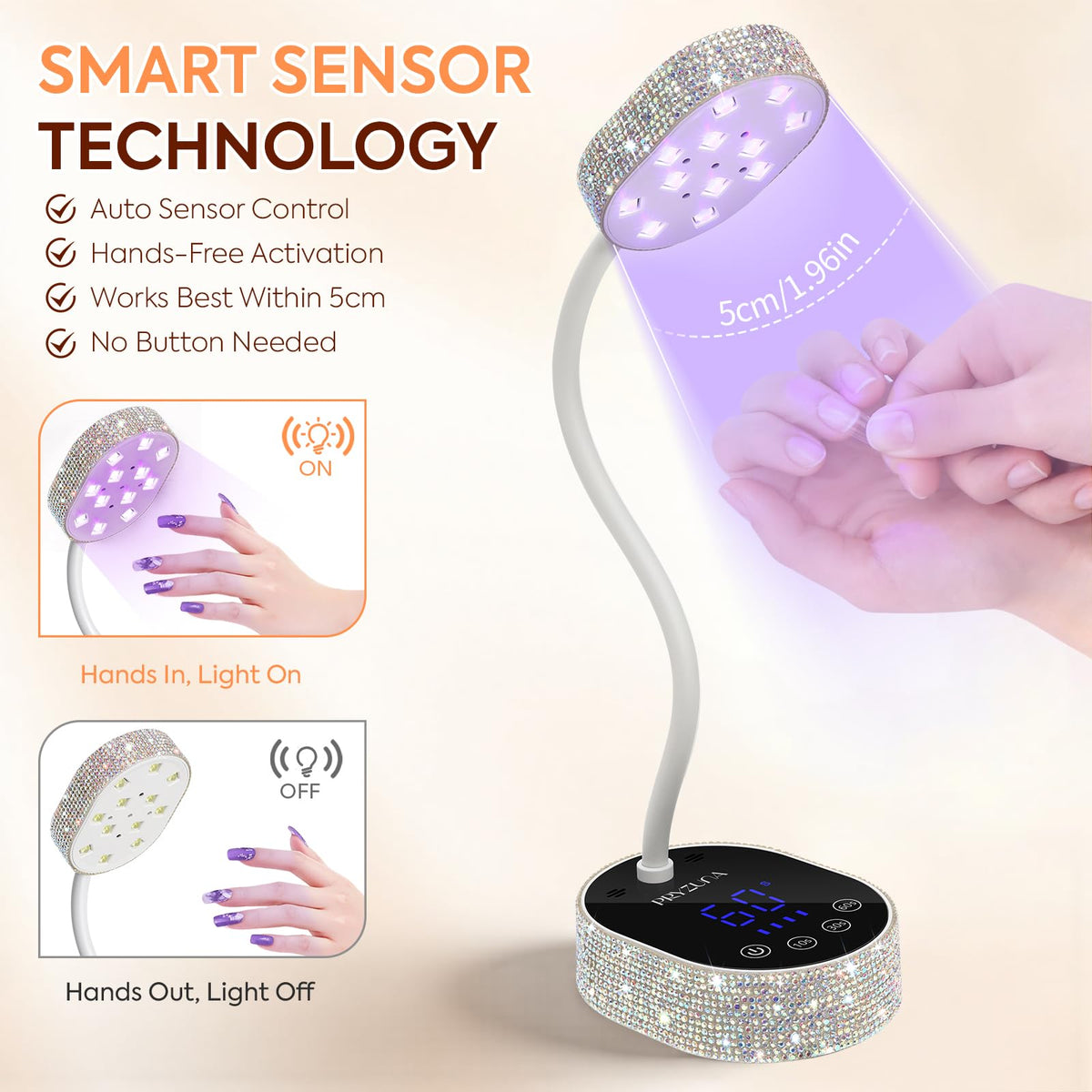 PRYZUNA UV LED Nail Lamp Diamond LCD display shows time and battery