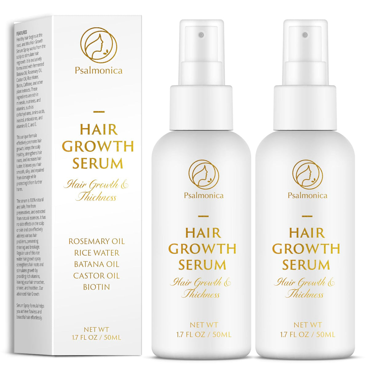 Psalmonica Hair Growth Serum bottle on desk for thinning hair support.