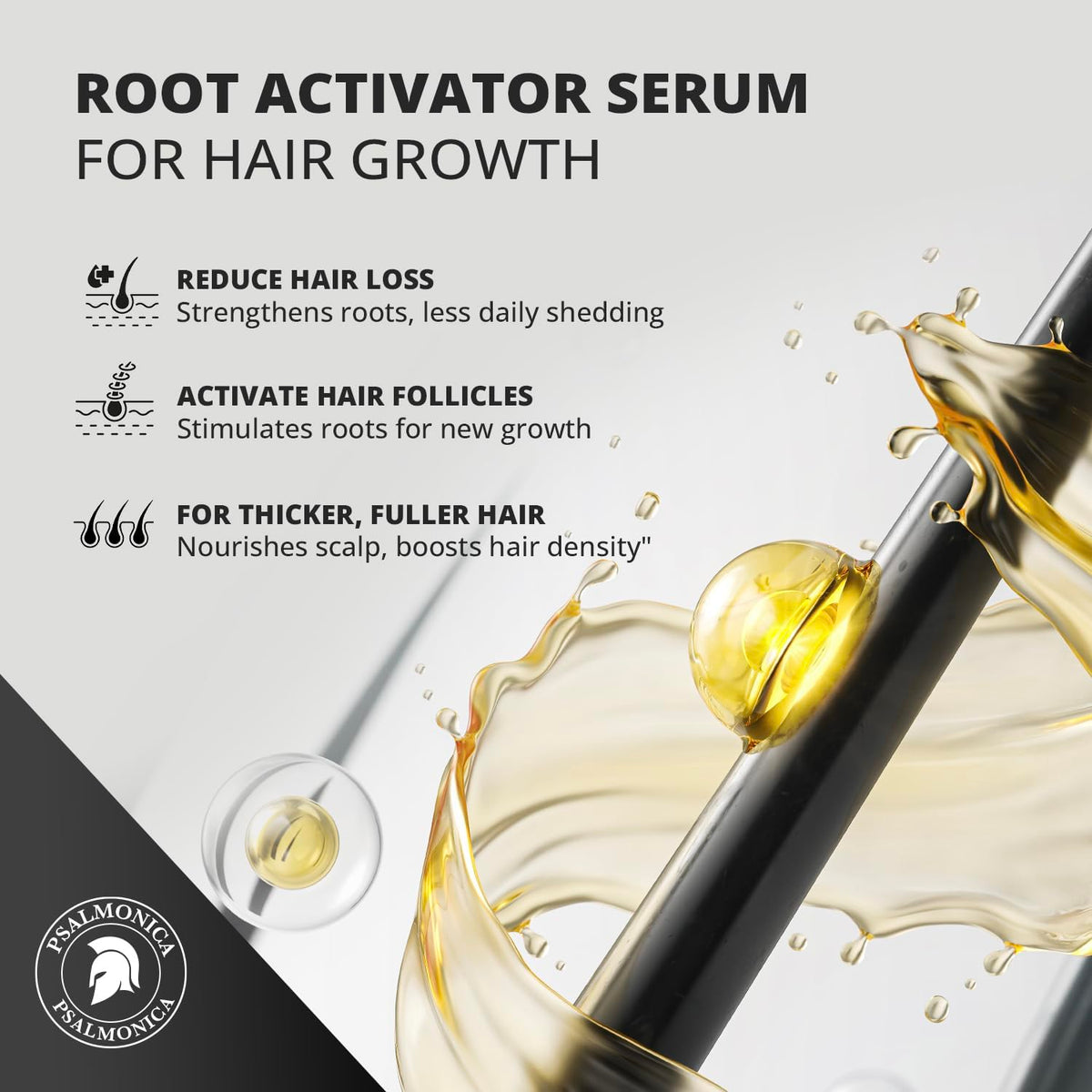 Psalmonica Hair Growth Serum close-up showing ginger-rosemary blend for scalp support.