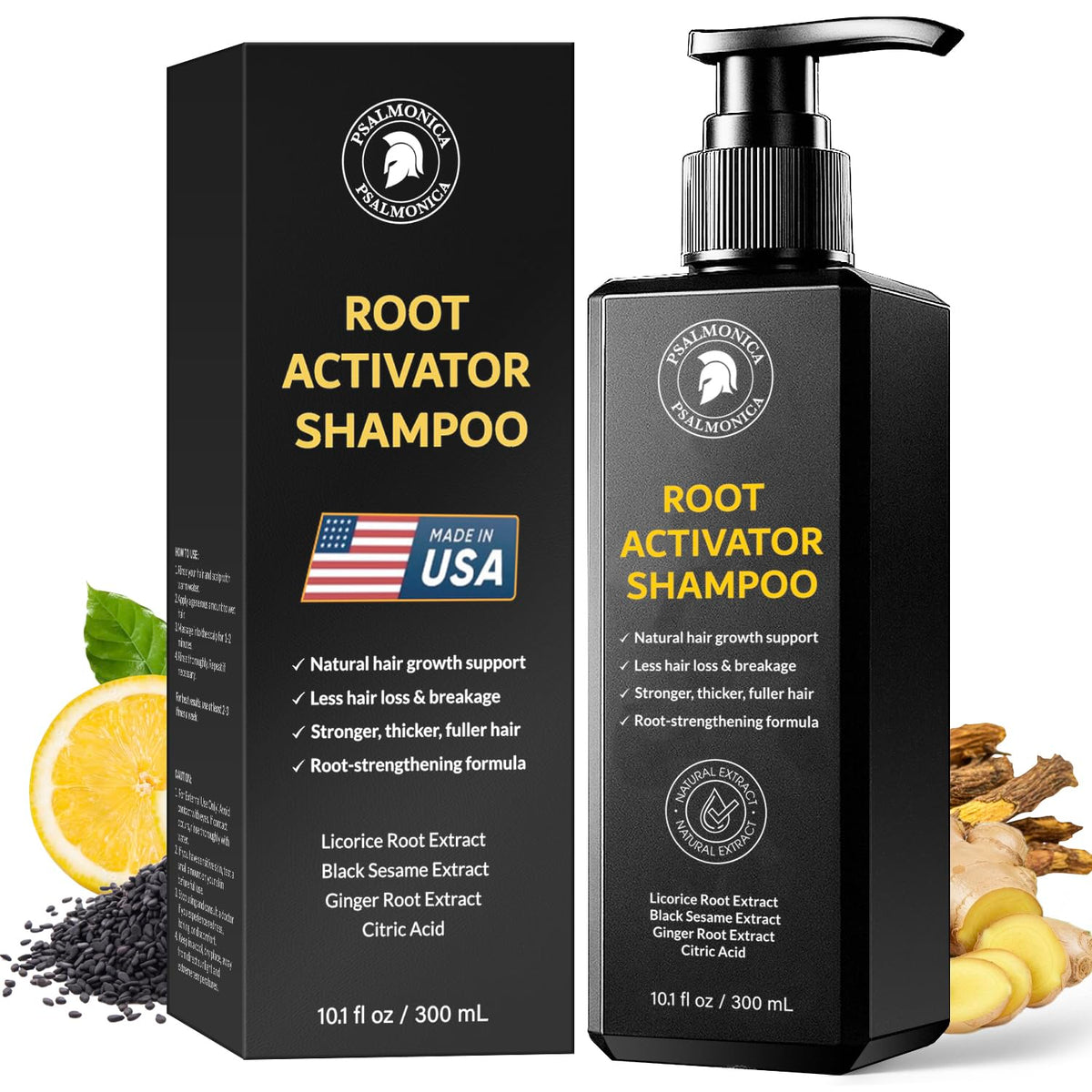 Psalmonica Root Activator Shampoo bottle shown for daily scalp care and cleansing benefits.