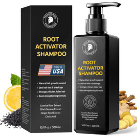 Psalmonica Root Activator Shampoo bottle shown for daily scalp care and cleansing benefits.
