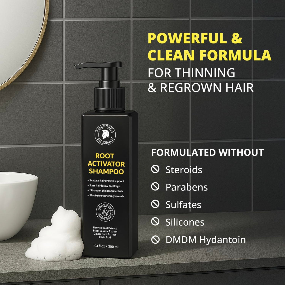 Daily-use suitability highlighted for Psalmonica Root Activator Shampoo.