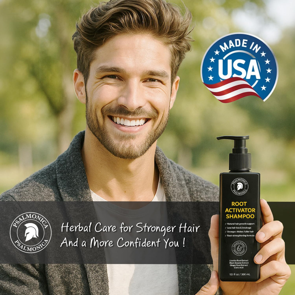 Full Psalmonica Root Activator Shampoo product display in view.