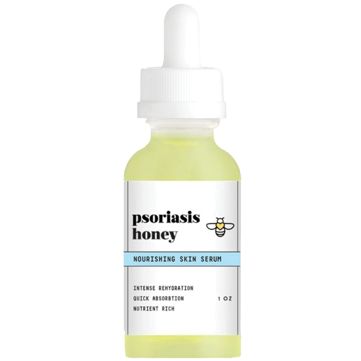 Psoriasis Honey Nourishing Scalp Serum bottle shows non-greasy hydration for daily use