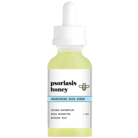 Psoriasis Honey Nourishing Scalp Serum bottle shows non-greasy hydration for daily use