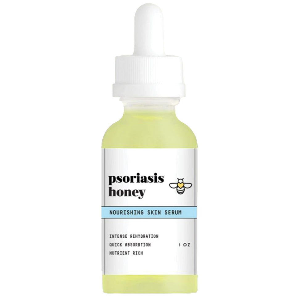 Psoriasis Honey Nourishing Scalp Serum bottle shows non-greasy hydration for daily use