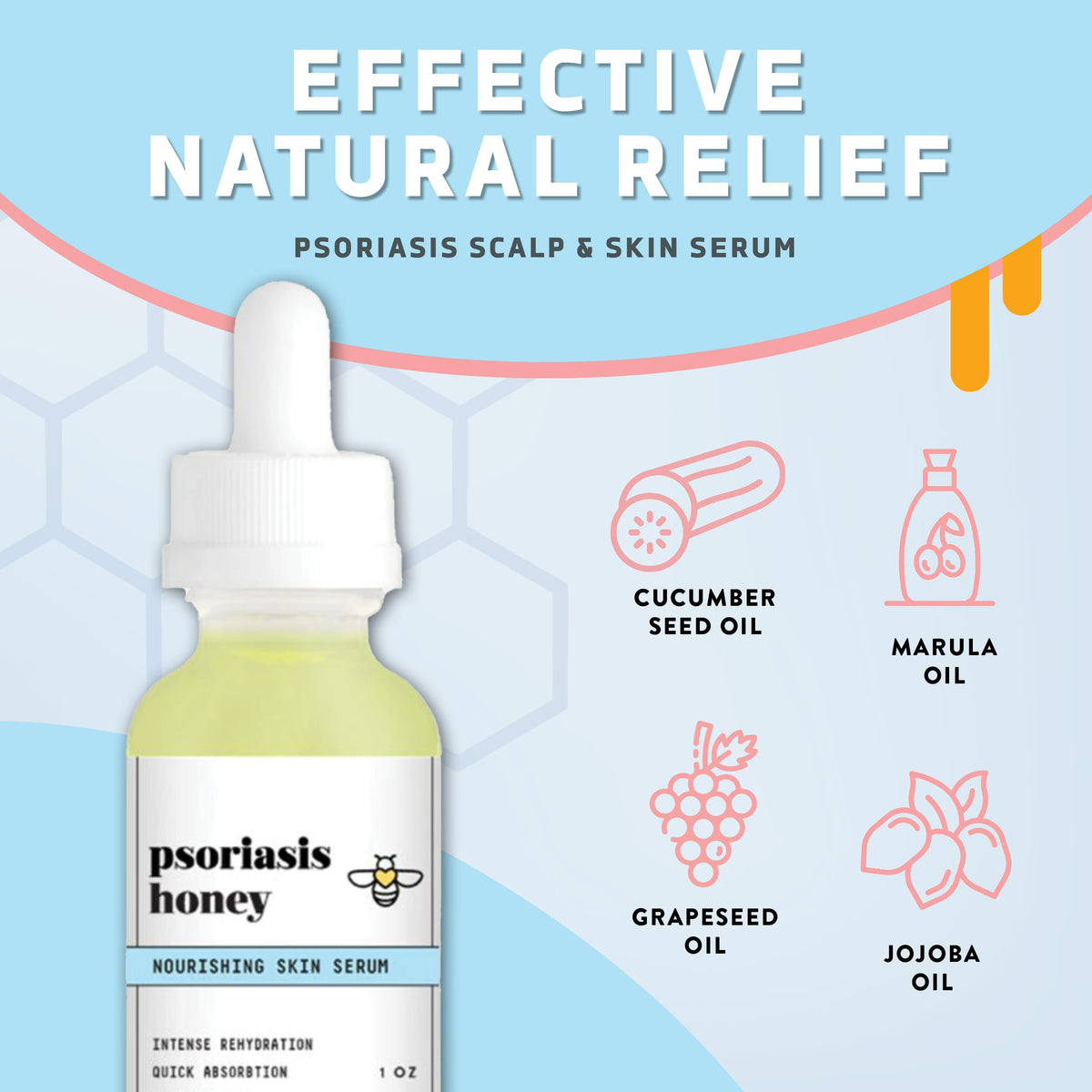 Psoriasis Honey Nourishing Scalp Serum label highlights natural ingredients and lightweight absorption