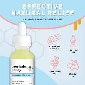 Psoriasis Honey Nourishing Scalp Serum label highlights natural ingredients and lightweight absorption