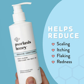 PSORIASIS HONEY Renewing Conditioner hair-application scene shows detangling and shine.
