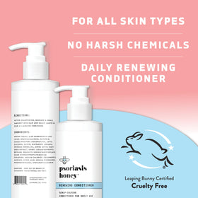 PSORIASIS HONEY Renewing Conditioner packaging on shelf signaling family-friendly care.