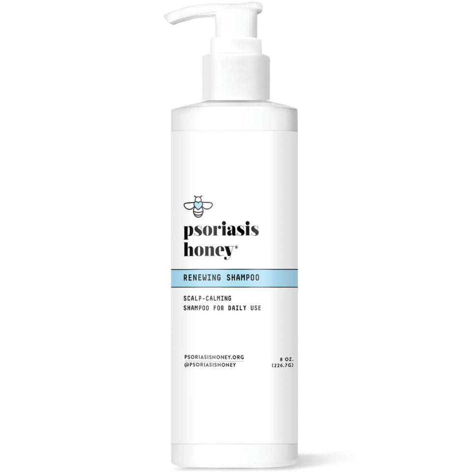 PSORIASIS HONEY Renewing Shampoo bottle emphasizes nourishing formula for dry, itchy scalp