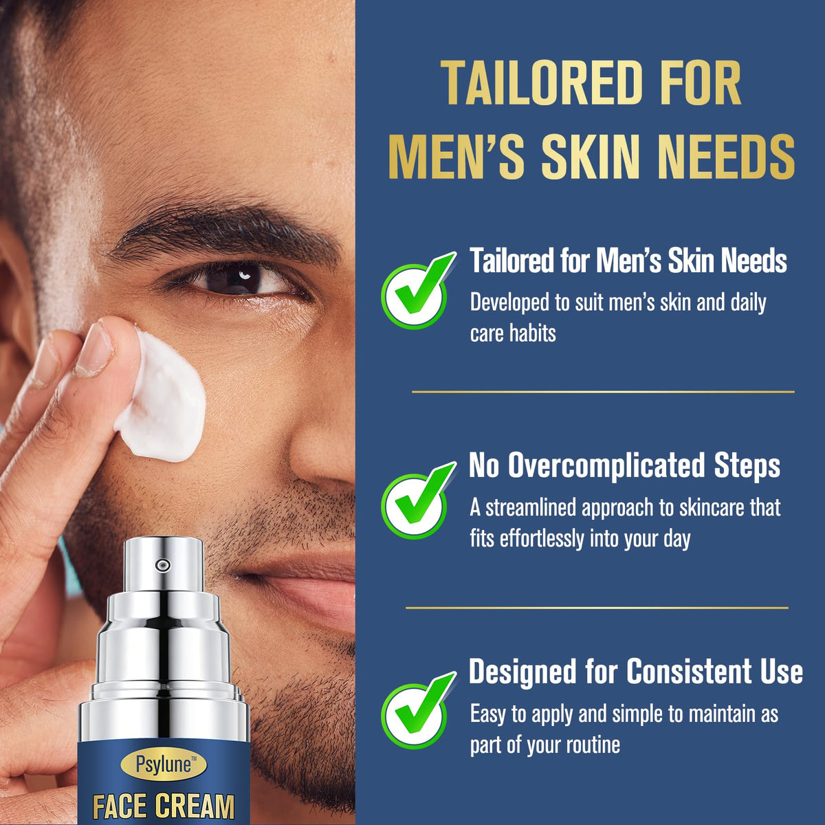 Psylune Men's Moisturizer applied on cheek for morning refresh.