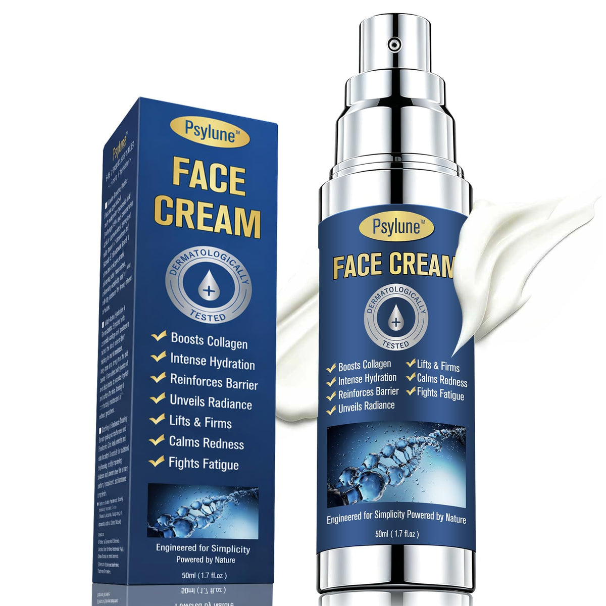 Psylune Men's Face Moisturizer bottle close-up showing fast-absorbing hydration for daily use.