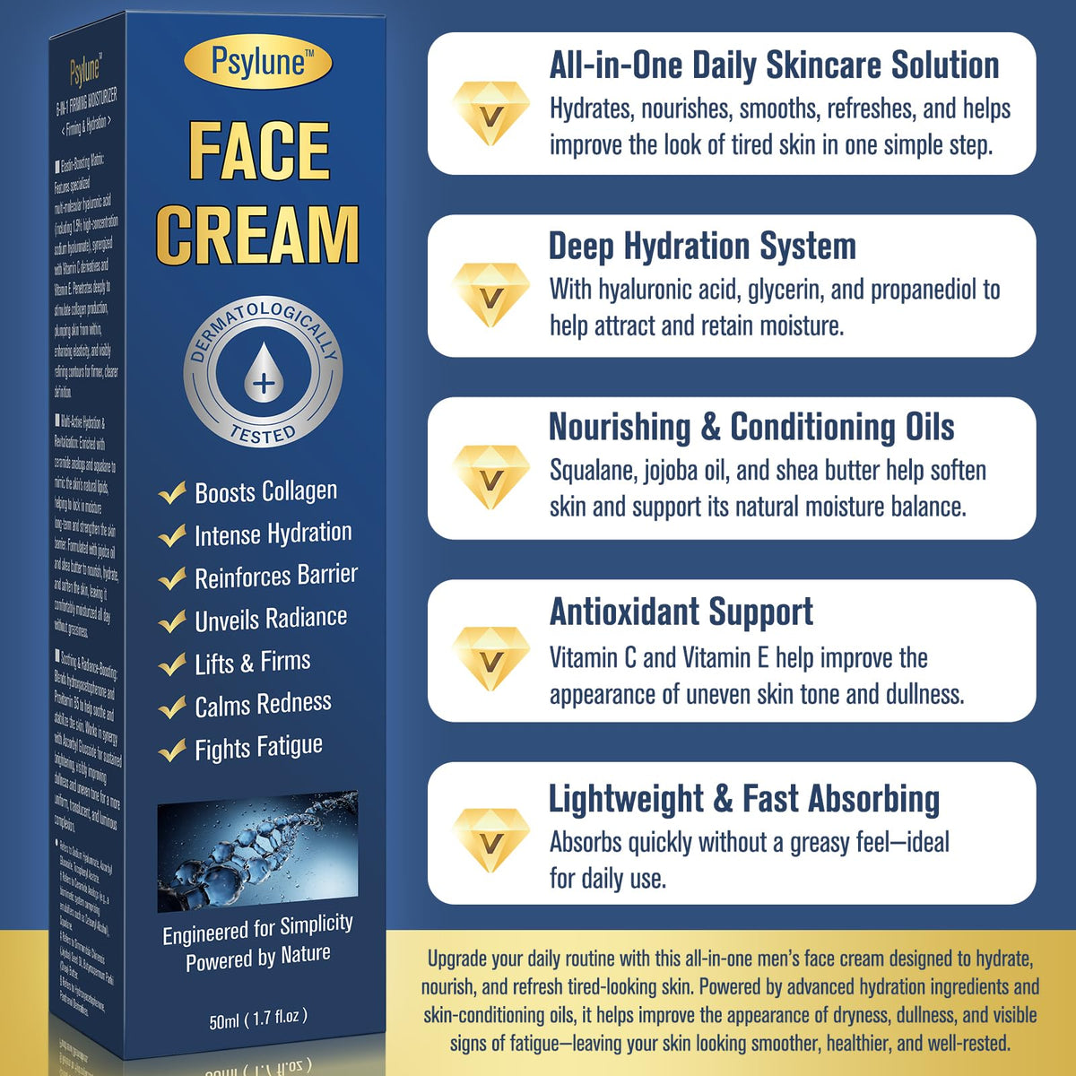 Psylune Men's moisturizer with hyaluronic acid boosts sustained hydration.